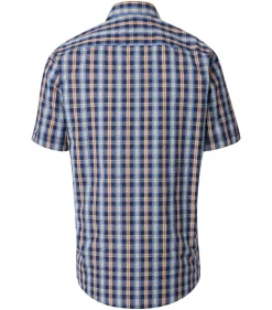 CASA MODA Sport casual fit overhemd, korte mouw, seersucker, blauw met oranje en wit geruit