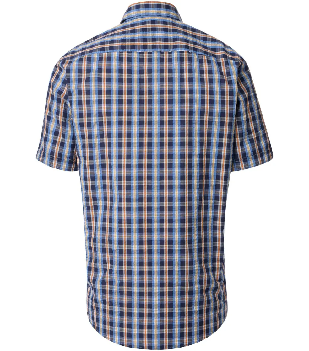 CASA MODA Sport casual fit overhemd, korte mouw, seersucker, blauw met oranje en wit geruit