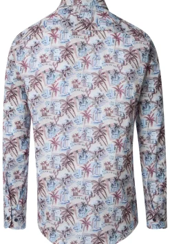 CASA MODA Sport casual fit overhemd, popeline, beige met blauw wit en donkerrood dessin