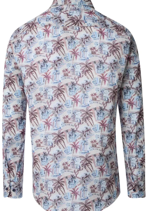 CASA MODA Sport casual fit overhemd, popeline, beige met blauw wit en donkerrood dessin