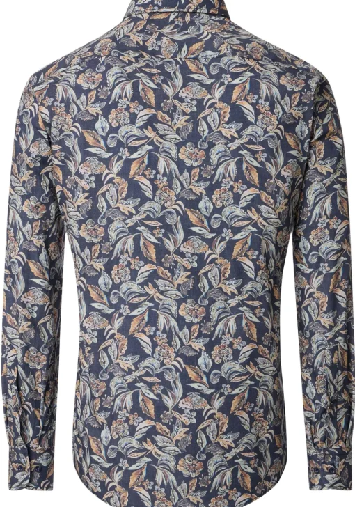 CASA MODA Sport casual fit overhemd, popeline, donkerblauw met beige bloemen dessin