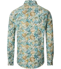 CASA MODA Sport casual fit overhemd, popeline, wit met groen en aqua bladeren dessin