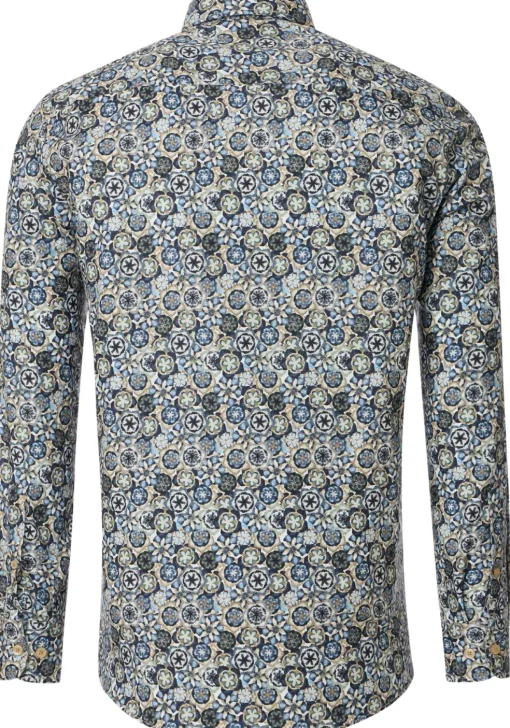 CASA MODA Sport casual fit overhemd, twill, blauw met groen, beige en wit dessin