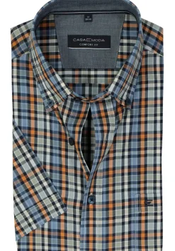 CASA MODA Sport comfort fit overhemd, korte mouw, twill, blauw met oranje, groen en wit geruit