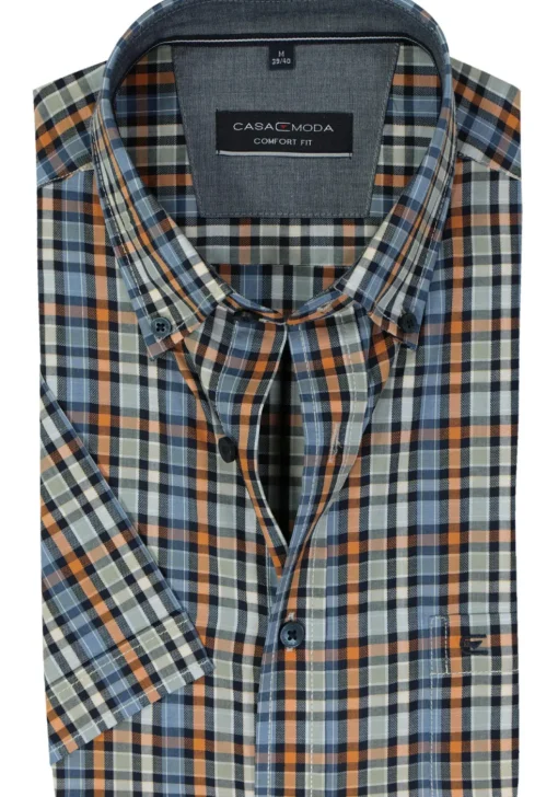 CASA MODA Sport comfort fit overhemd, korte mouw, twill, blauw met oranje, groen en wit geruit