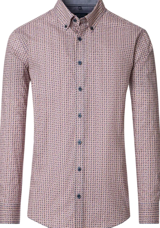 CASA MODA Sport comfort fit overhemd, popeline, blauw met rood, beige en wit dessin