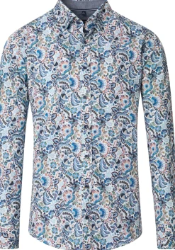 CASA MODA Sport comfort fit overhemd, popeline, wit met blauw, beige en groen dessin