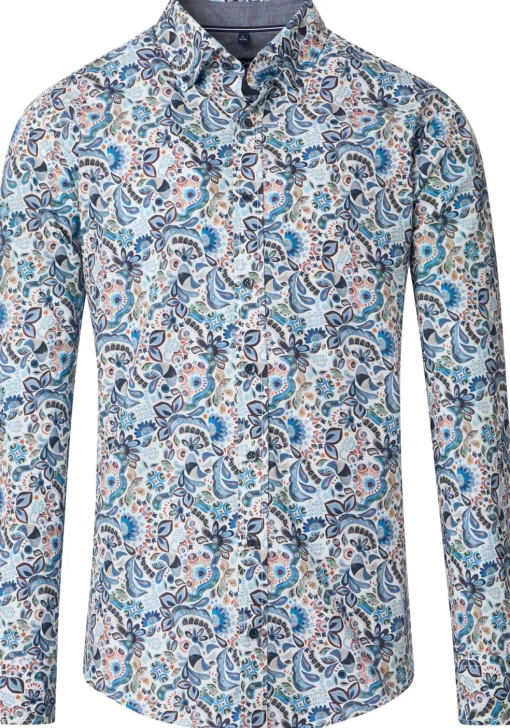 CASA MODA Sport comfort fit overhemd, popeline, wit met blauw, beige en groen dessin