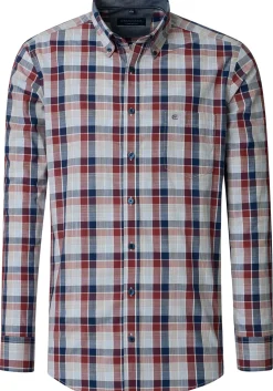 CASA MODA Sport comfort fit overhemd, chambray, blauw met donkerrood en beige geruit