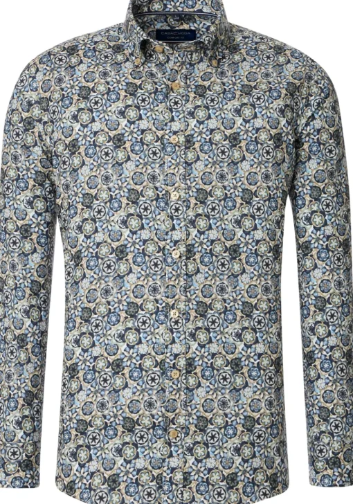 CASA MODA Sport comfort fit overhemd, twill, blauw met wit, groen en beige dessin