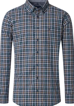 CASA MODA Sport comfort fit overhemd, dobby, blauw met wit, beige en petrol geruit