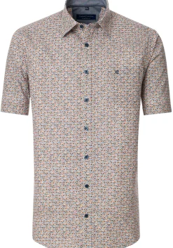 CASA MODA Sport comfort fit overhemd, korte mouw, popeline, blauw, wit, beige en oranje dessin