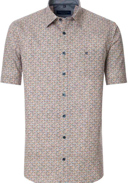 CASA MODA Sport comfort fit overhemd, korte mouw, popeline, blauw, wit, beige en oranje dessin