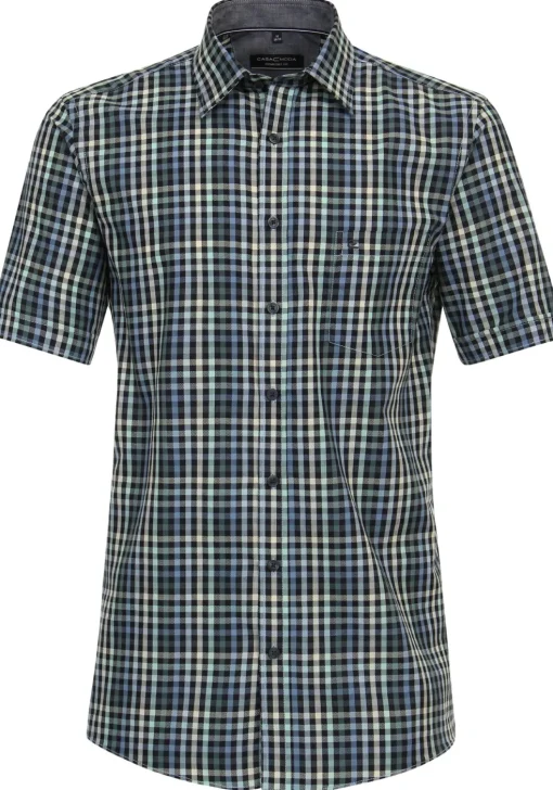 CASA MODA Sport comfort fit overhemd, korte mouw, dobby, blauw geruit