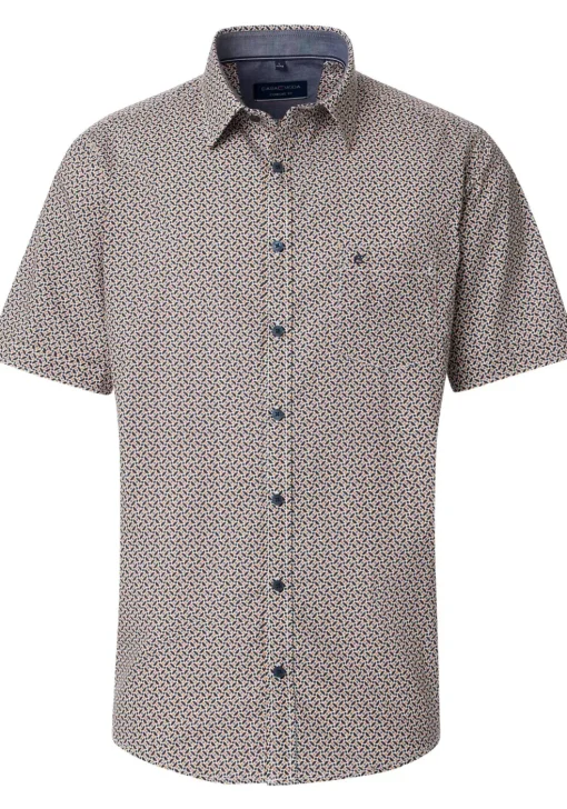 CASA MODA Sport comfort fit overhemd, korte mouw, popeline, blauw met wit en oranje dessin
