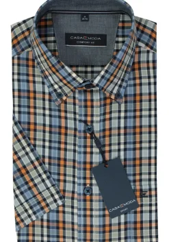 CASA MODA Sport comfort fit overhemd, korte mouw, twill, blauw met oranje, groen en wit geruit