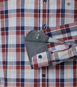CASA MODA Sport comfort fit overhemd, chambray, blauw met donkerrood en beige geruit