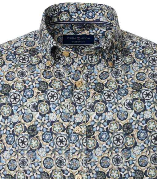 CASA MODA Sport comfort fit overhemd, twill, blauw met wit, groen en beige dessin