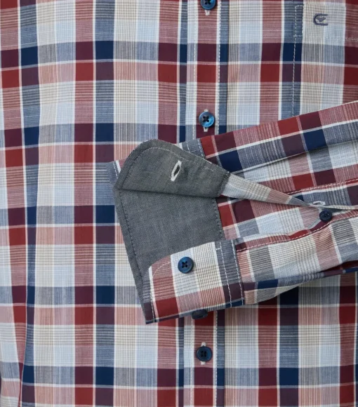 CASA MODA Sport comfort fit overhemd, chambray, blauw met donkerrood en beige geruit
