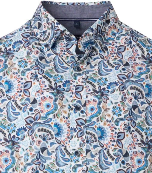 CASA MODA Sport comfort fit overhemd, popeline, wit met blauw, beige en groen dessin