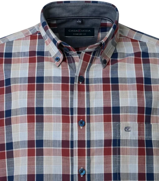 CASA MODA Sport comfort fit overhemd, chambray, blauw met donkerrood en beige geruit
