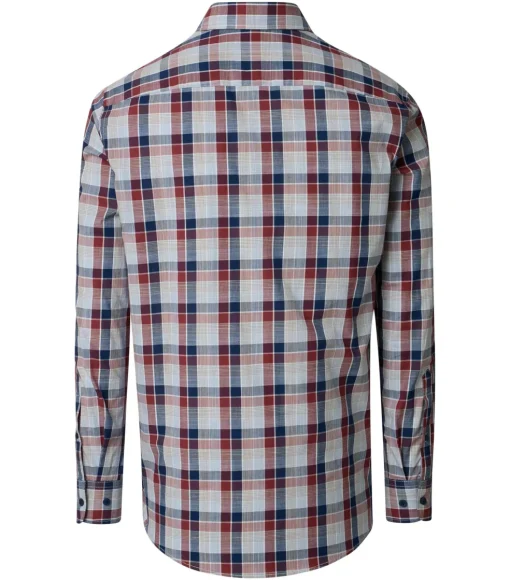 CASA MODA Sport comfort fit overhemd, chambray, blauw met donkerrood en beige geruit