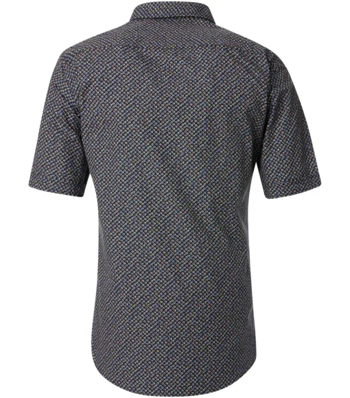 CASA MODA Sport comfort fit overhemd, korte mouw, popeline, donkerblauw met oranje, groen en lichtblauw dessin