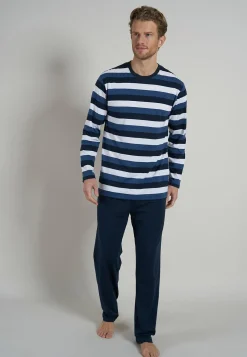 Ceceba heren pyjama O-hals, middenblauw gestreept