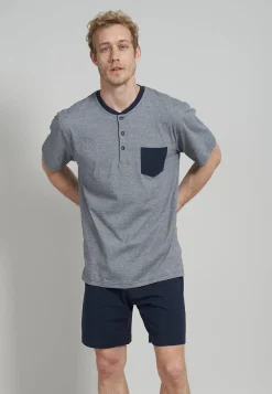 Ceceba heren shortama O-hals met knoopjes, donkerblauw