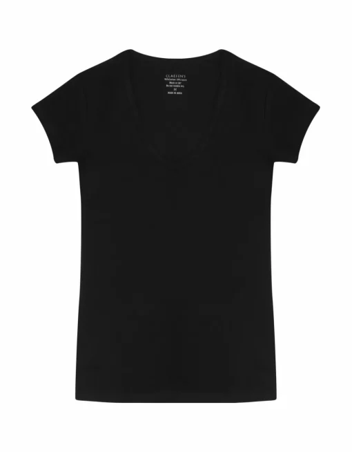 Claesen's dames Basics T-shirt (1-pack), V-hals T-shirt korte mouw, zwart