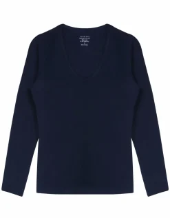 Claesen's dames Basics T-shirt (1-pack), V-hals T-shirt lange mouw, blauw