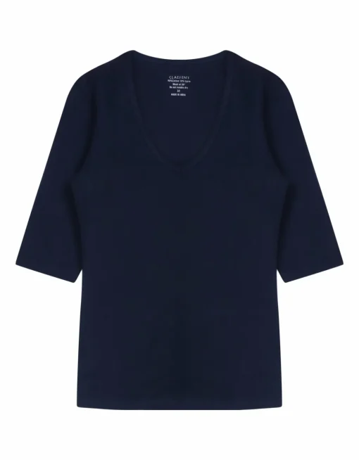 Claesen's dames Basics T-shirt (1-pack), 3/4 mouw V-hals T-shirt, blauw