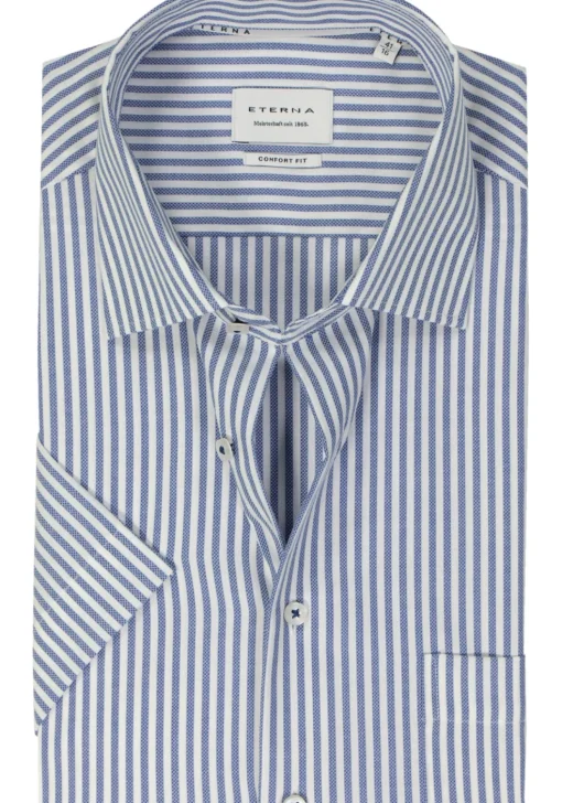 ETERNA comfort fit overhemd korte mouw, Oxford, blauw met wit gestreept