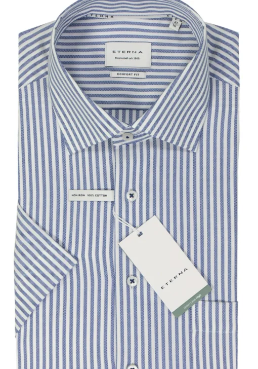 ETERNA comfort fit overhemd korte mouw, Oxford, blauw met wit gestreept
