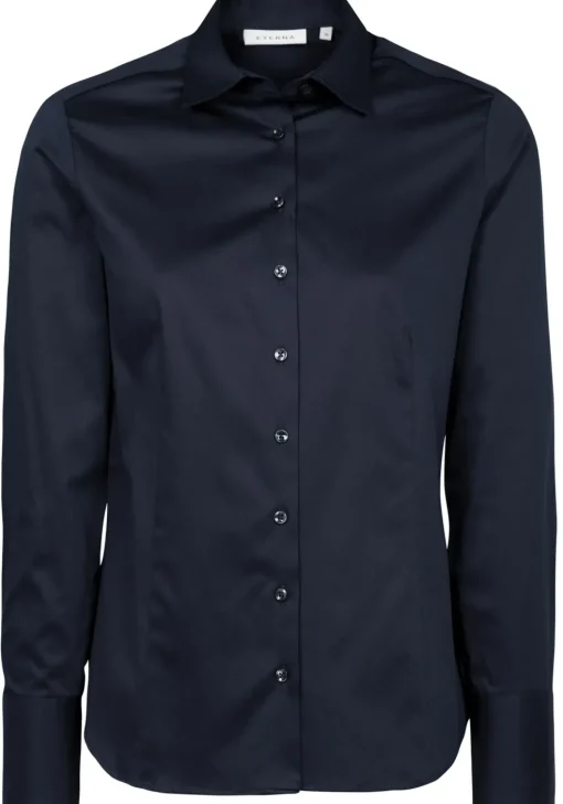 ETERNA dames blouse modern classic, stretch satijnbinding, donkerblauw