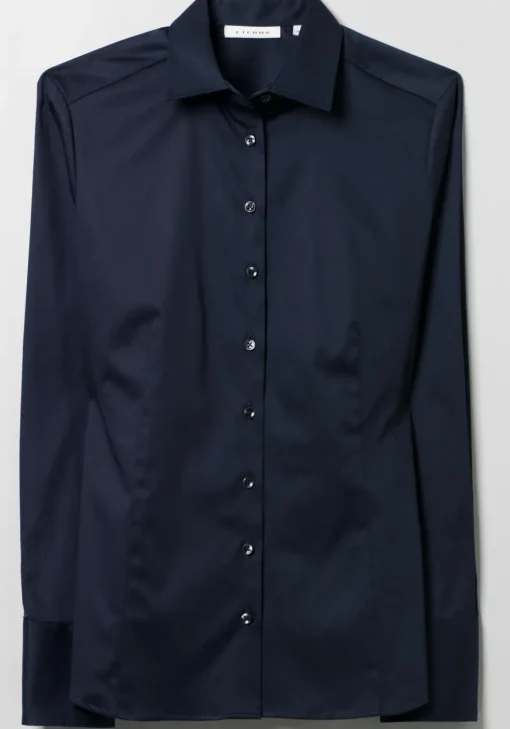 ETERNA dames blouse modern classic, stretch satijnbinding, donkerblauw