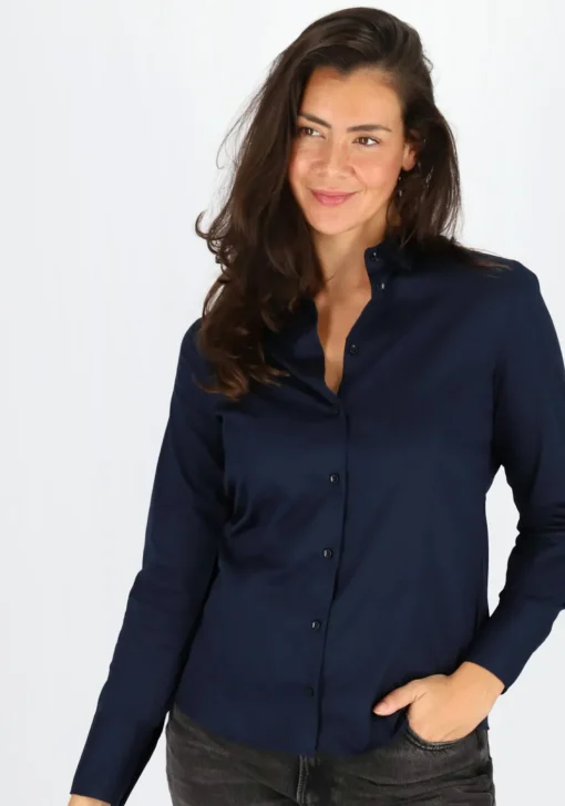 ETERNA dames blouse modern classic, stretch satijnbinding, donkerblauw