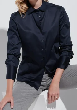 ETERNA dames blouse modern classic, stretch satijnbinding, donkerblauw