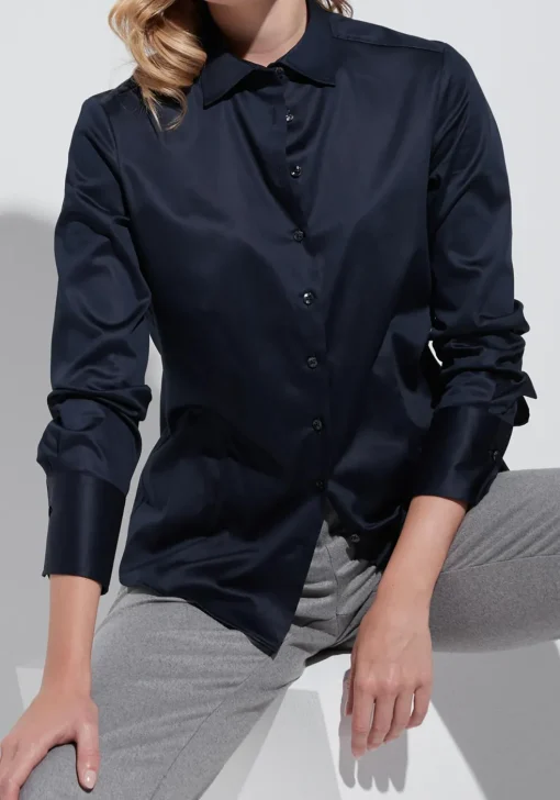 ETERNA dames blouse modern classic, stretch satijnbinding, donkerblauw