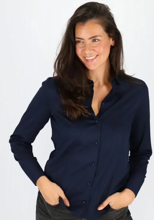 ETERNA dames blouse modern classic, stretch satijnbinding, donkerblauw