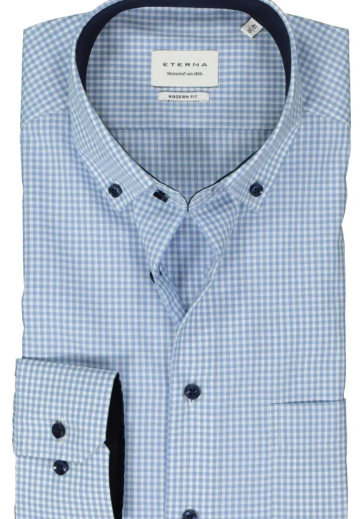 ETERNA modern fit overhemd, popeline, lichtblauw met wit geruit (contrast)