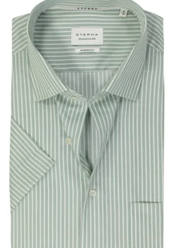 ETERNA modern fit overhemd korte mouw, twill, lichtgroen met wit gestreept