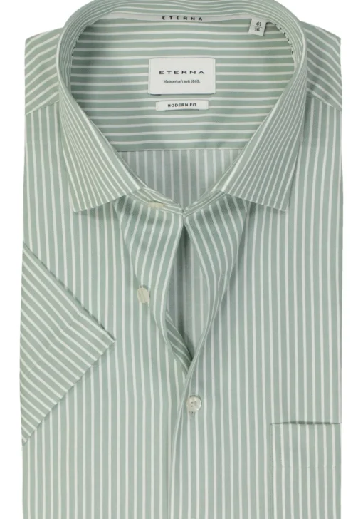 ETERNA modern fit overhemd korte mouw, twill, lichtgroen met wit gestreept