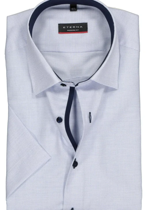 ETERNA modern fit overhemd, korte mouw, structuur heren overhemd, lichtblauw met wit (donkerblauw contrast)