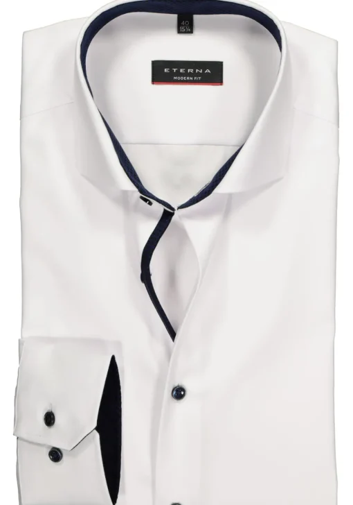 ETERNA modern fit overhemd, niet doorschijnend twill heren overhemd, wit (donkerblauw contrast)