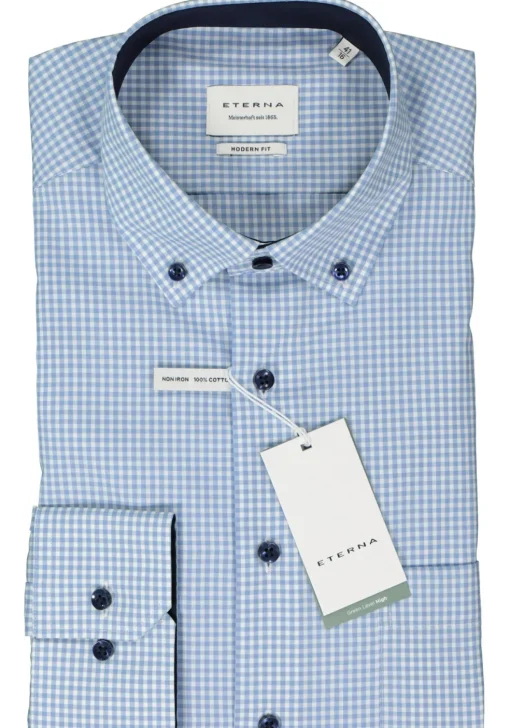 ETERNA modern fit overhemd, popeline, lichtblauw met wit geruit (contrast)