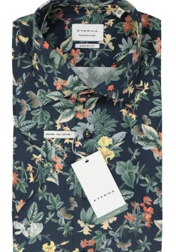 ETERNA modern fit overhemd korte mouw, popeline, donkerblauw bloemen dessin
