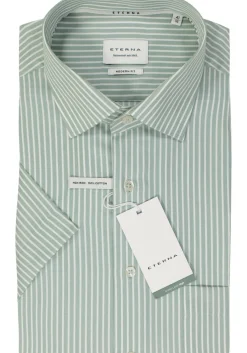ETERNA modern fit overhemd korte mouw, twill, lichtgroen met wit gestreept