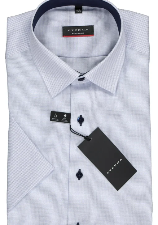 ETERNA modern fit overhemd, korte mouw, structuur heren overhemd, lichtblauw met wit (donkerblauw contrast)
