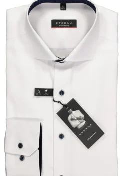ETERNA modern fit overhemd, niet doorschijnend twill heren overhemd, wit (donkerblauw contrast)